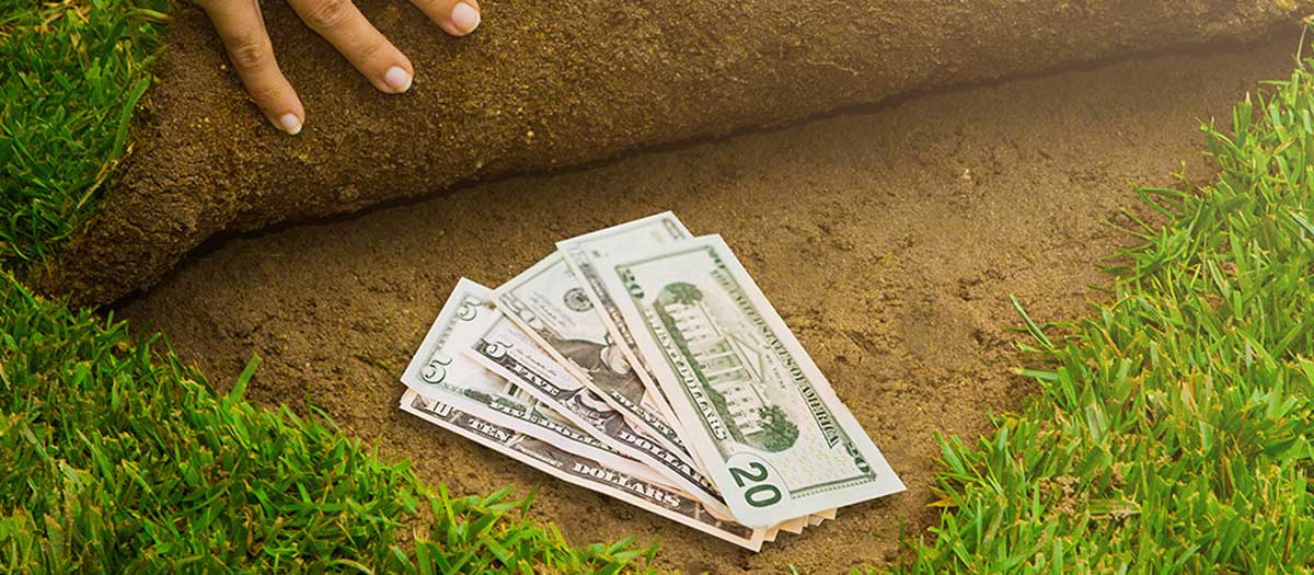 Composite image of a hand pulling up turf grass to reveal cash money