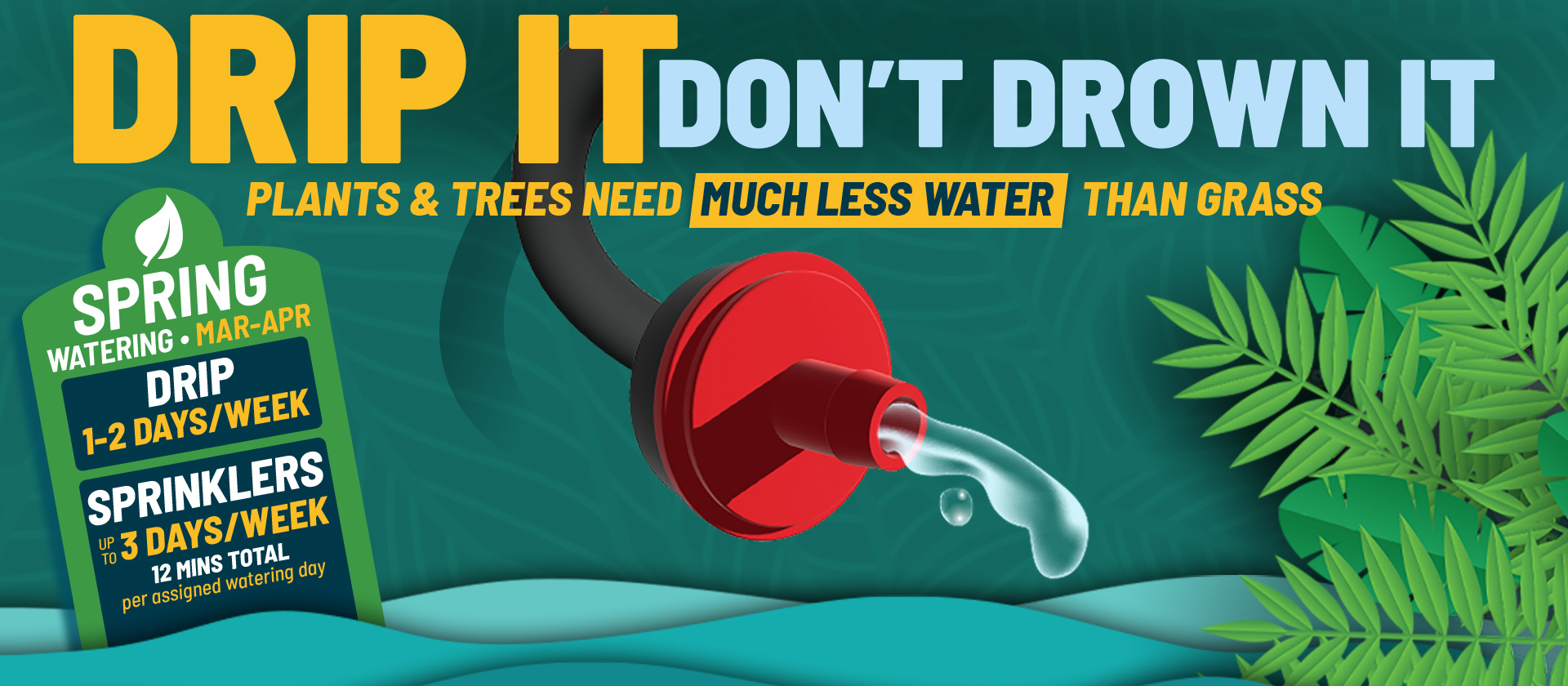 Graphic says "drip it don't drown it" - plants and trees need much less water than grass 