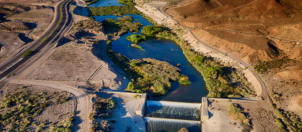An aerial of weirs along the Las Vegas Wash