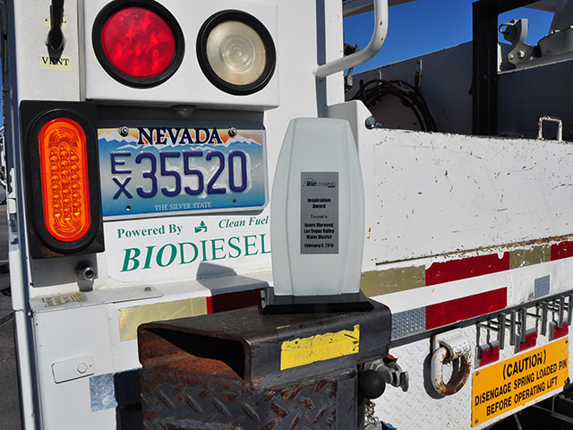 Back of fleet vehicle with biodiesel sticker.