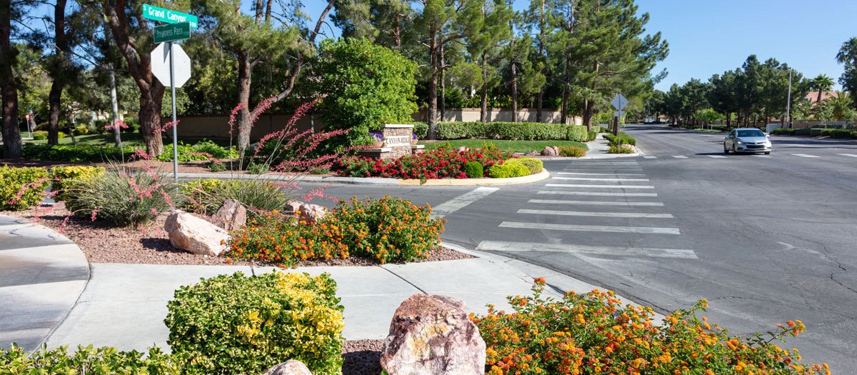 Entrance to Canyon Ridge community with beautiful water-smart and colorful plants