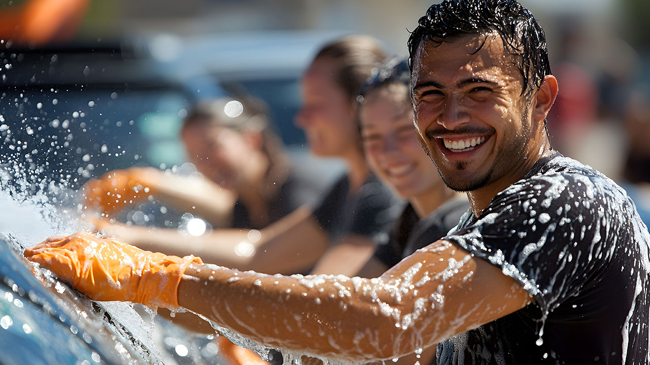 Smiling man washing car