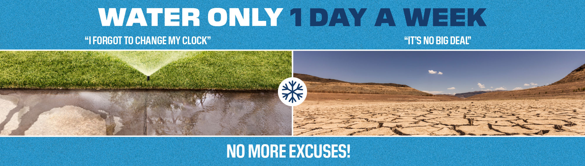 Photo of dry cracked earth at lake mead paired with water waste says "water only 1 day a week, it's time to get real" 