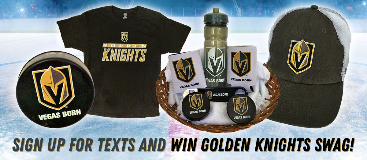 Golden Knights swag including pucks and t-shirts sitting on ice