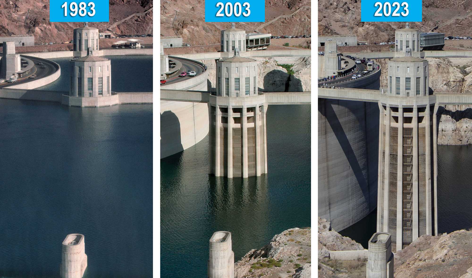Photos from 1983, 2003 and 2023 show water level decline at the spillways at Hoover Dam
