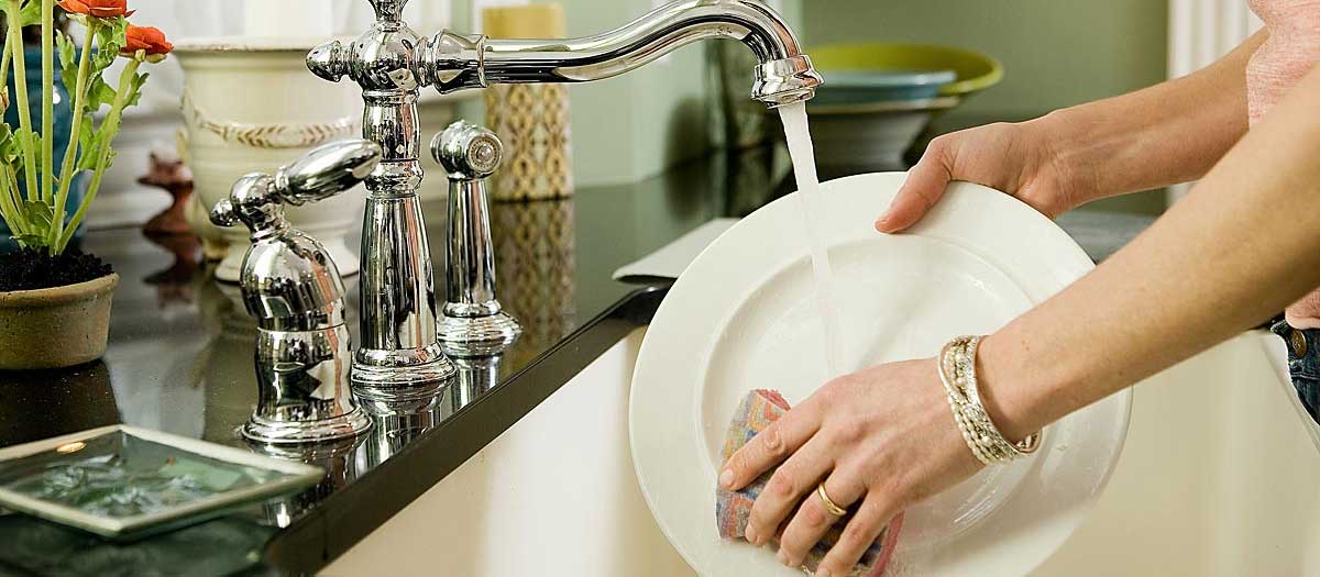 Woman washing a dinner dish at the kitchen sink.