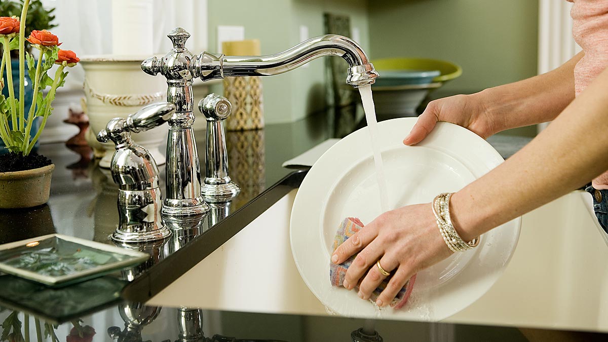 Woman washing a dinner dish at the kitchen sink.