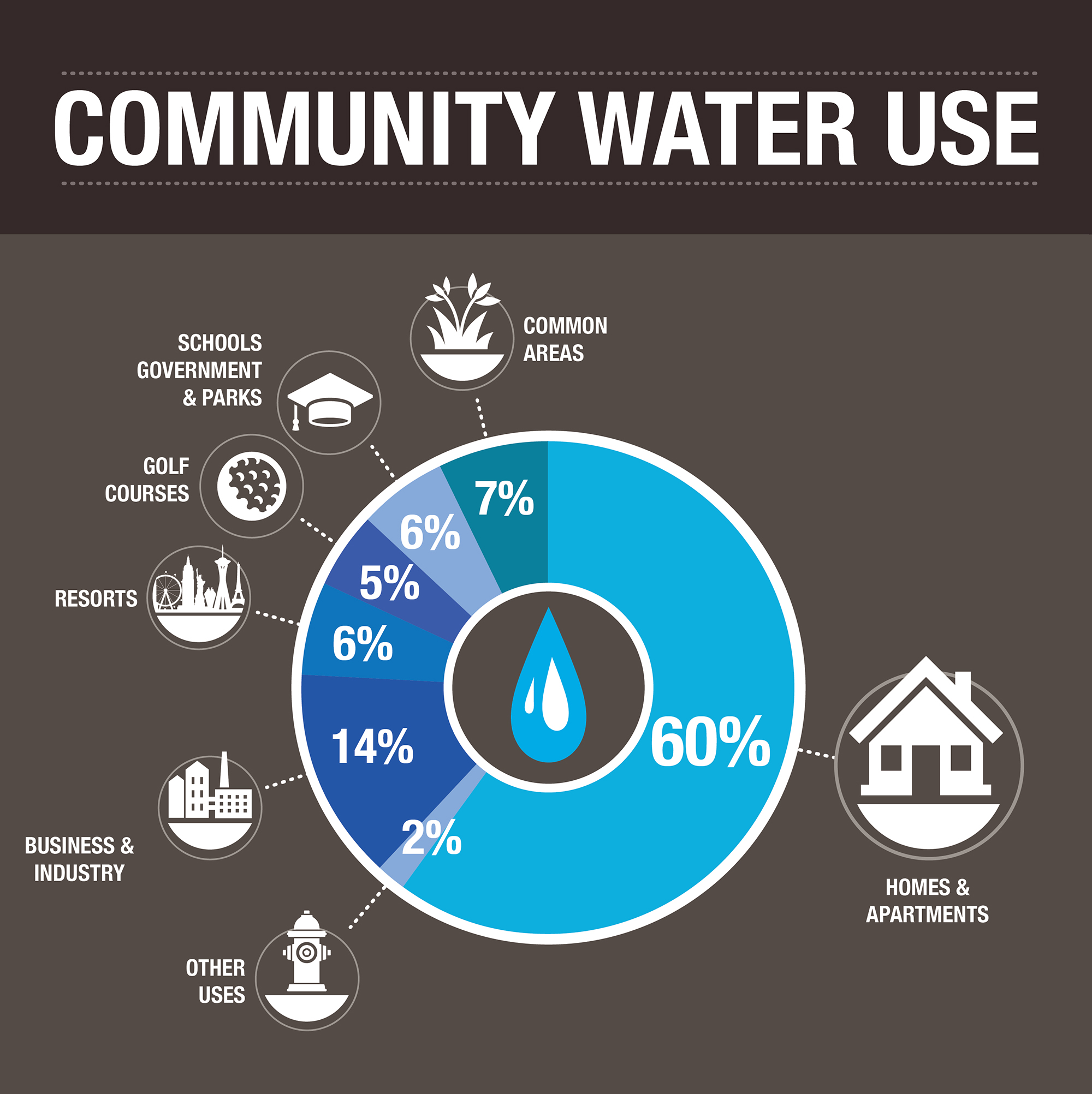 A graphic explaining that 60% of the community's water is used by homes and apartments, 7% in common areas, 6% by schools, government and parks, 5% by golf courses, 6% by resorts, 14% by business and industry and 2% by other uses