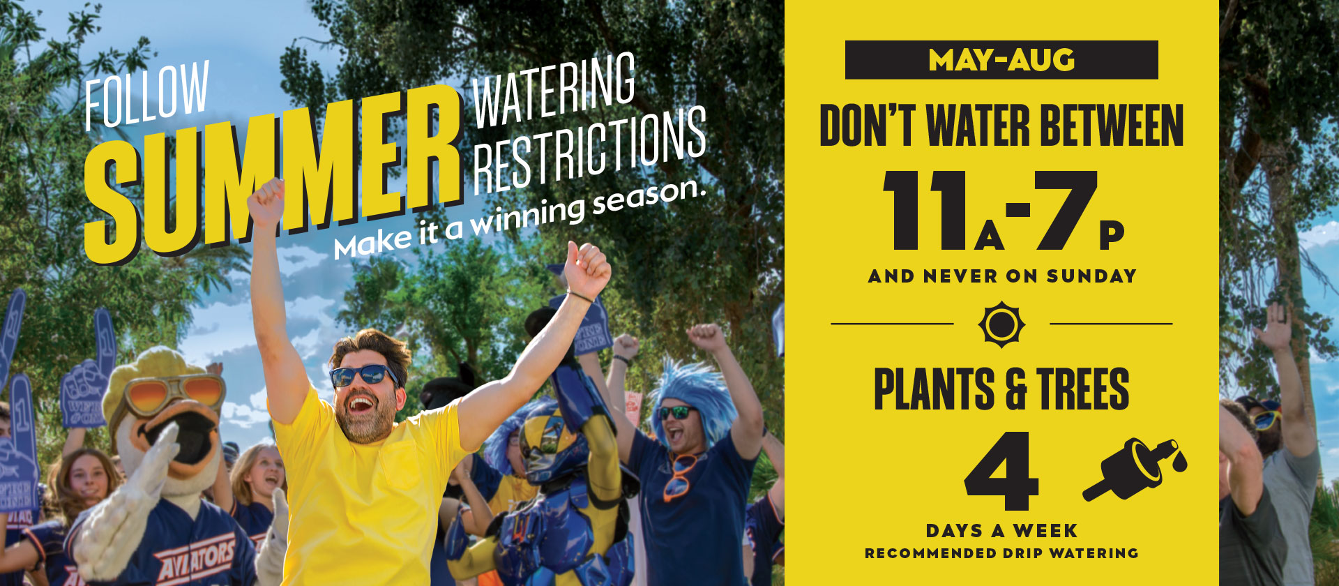 Desert-friendly plants, text says to water plants 2 days a week and grass 3 days a week in spring