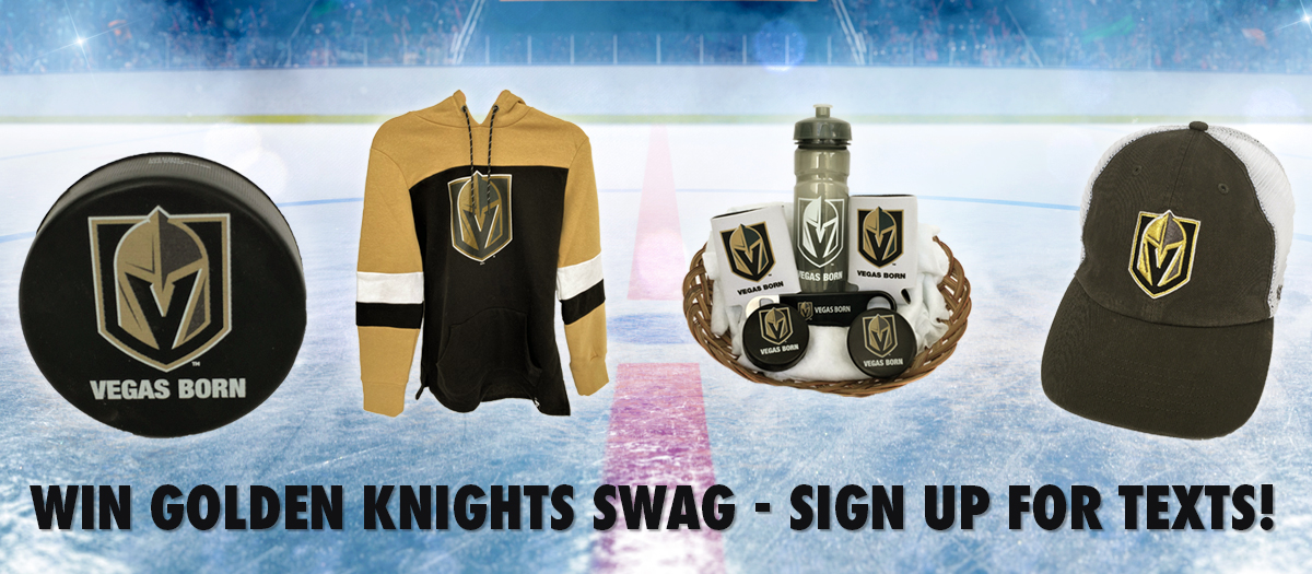 A photo with prizes for a contest, Vegas Golden Knights jersey, puck, hat and water bottle