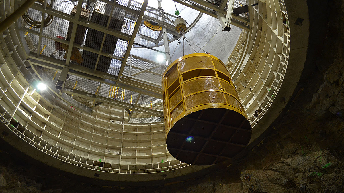 A construction crew descends to the tunnel for the third intake at Lake Mead.