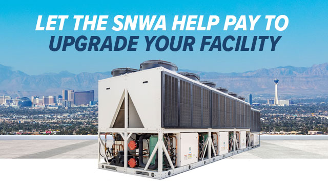 Large evaporative cooling system with text that says "let the snwa help pay to upgrade your facility - convert to a dry-cooled system and receive up to $500,000 in incentives